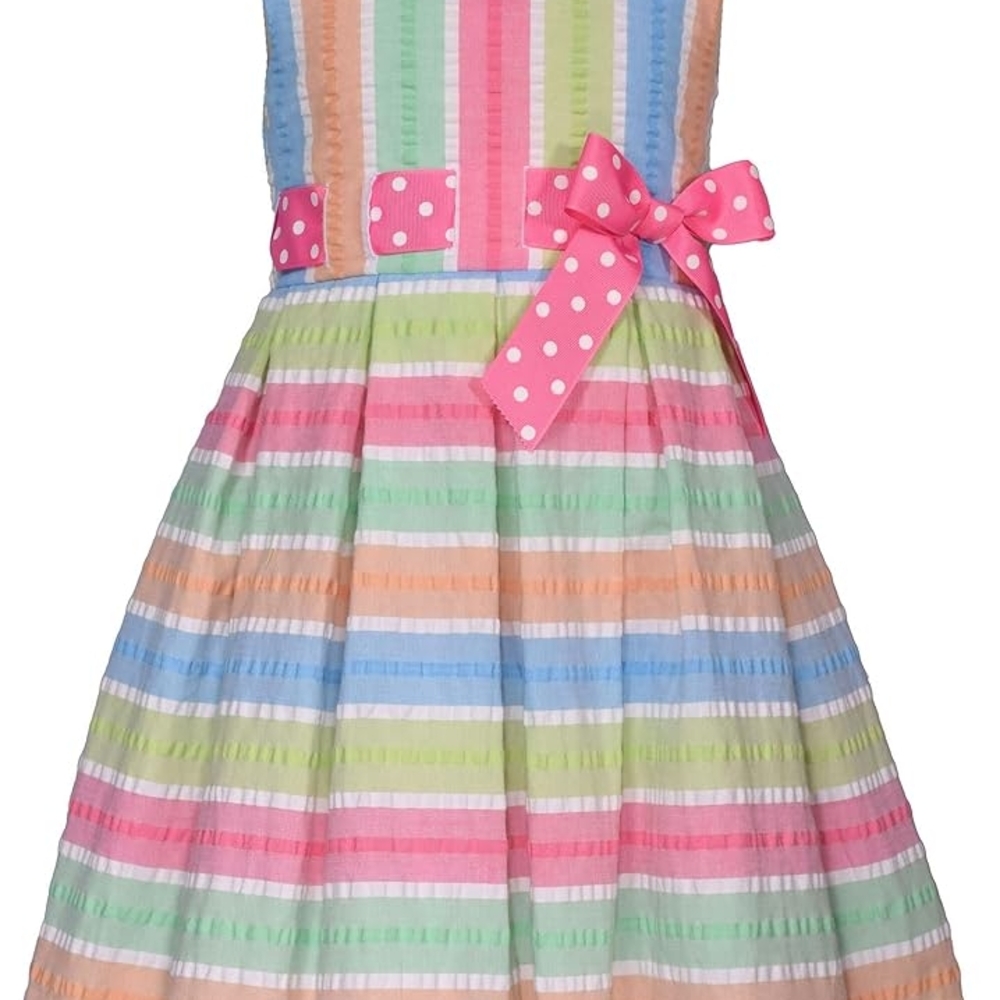 Bonnie Jean Multicolor Striped Dress with Pink Polka Dot Bow
